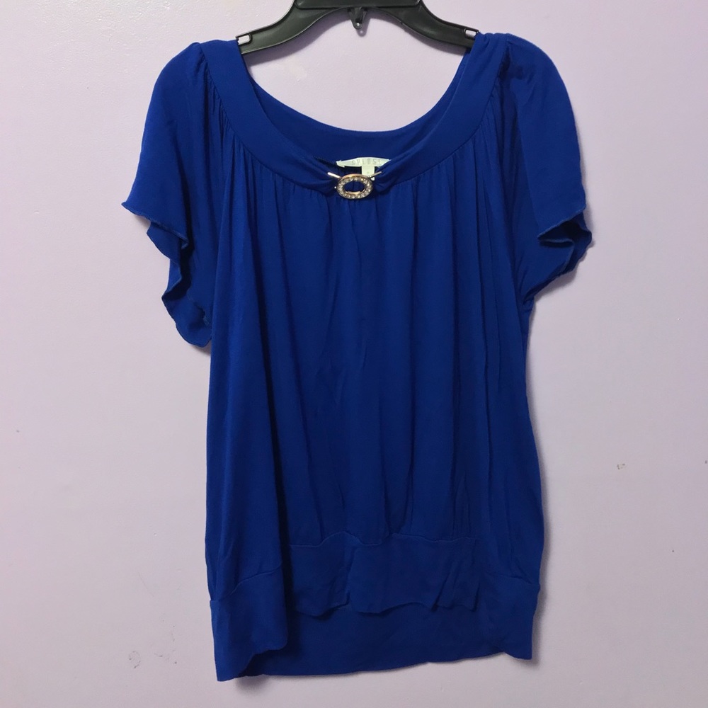 Silky Blue Top w/Jeweled Circle